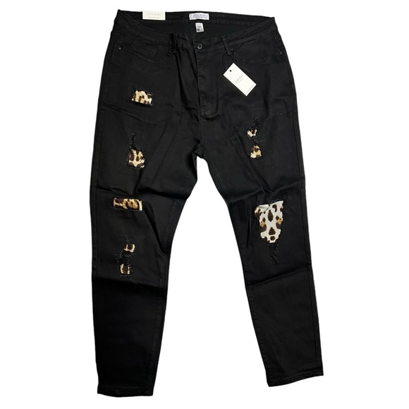 Judy Blue High Waisted‎ Skinny Black Denim Jeans with Leopard patches Womens 3XL - Picture 1 of 10